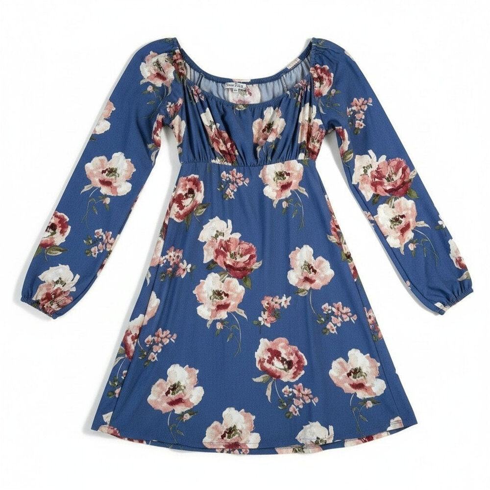 Velvet Torch Womens Floral Print Long Sleeve Mini Dress Blue Size Medium USA Y2K